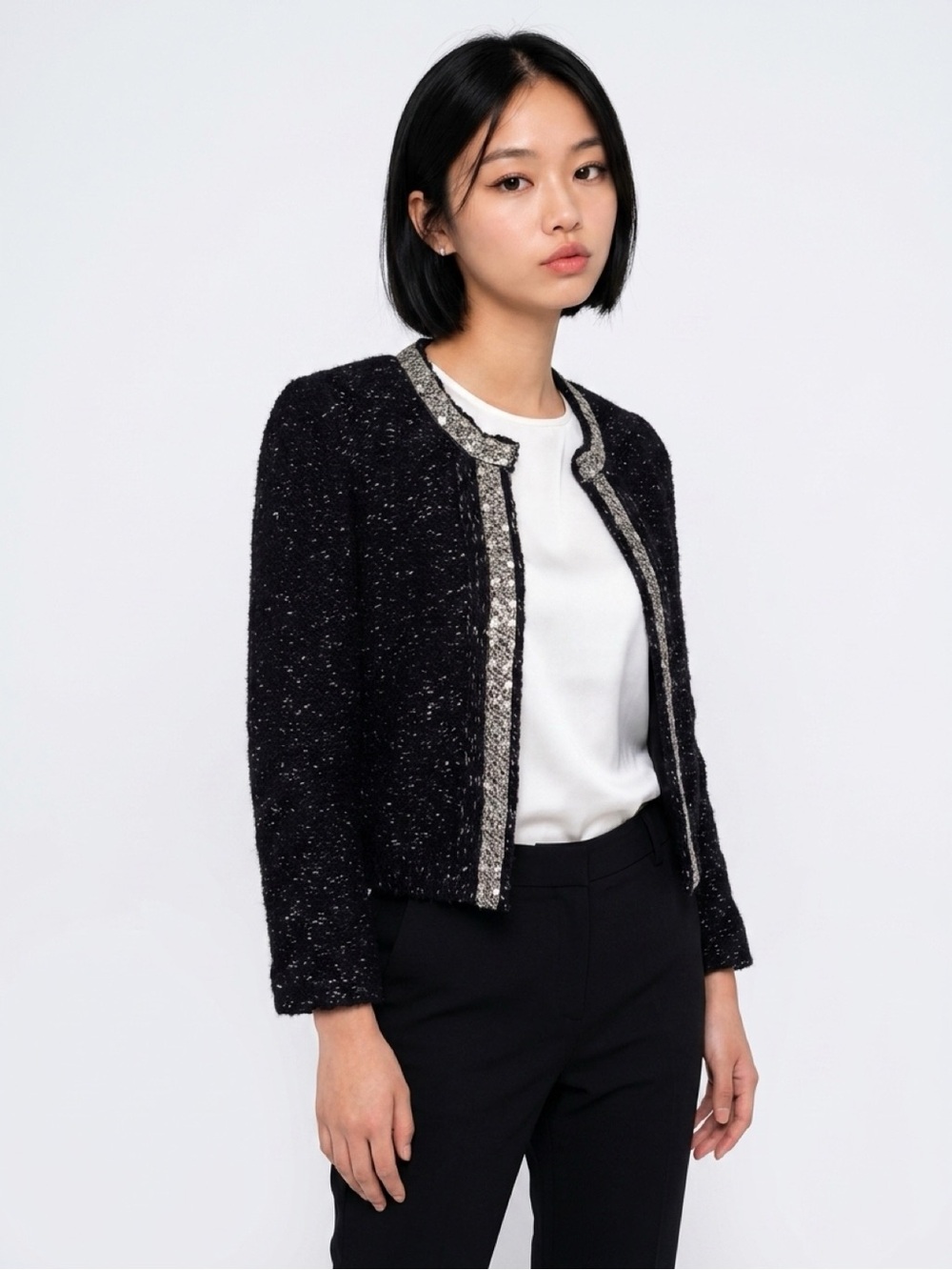 ALPACA Blend Blazer L Navy Metallic Sequin Cropped Jacket Y2K Fits M S Naf Naf